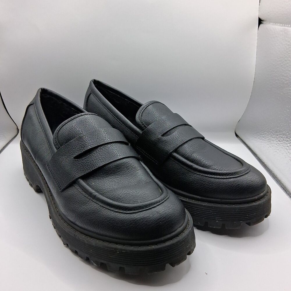 UNIONBAY Womens 8.5M Jay Black Platform Penny Loafers Lug Sole Chunky Slip On